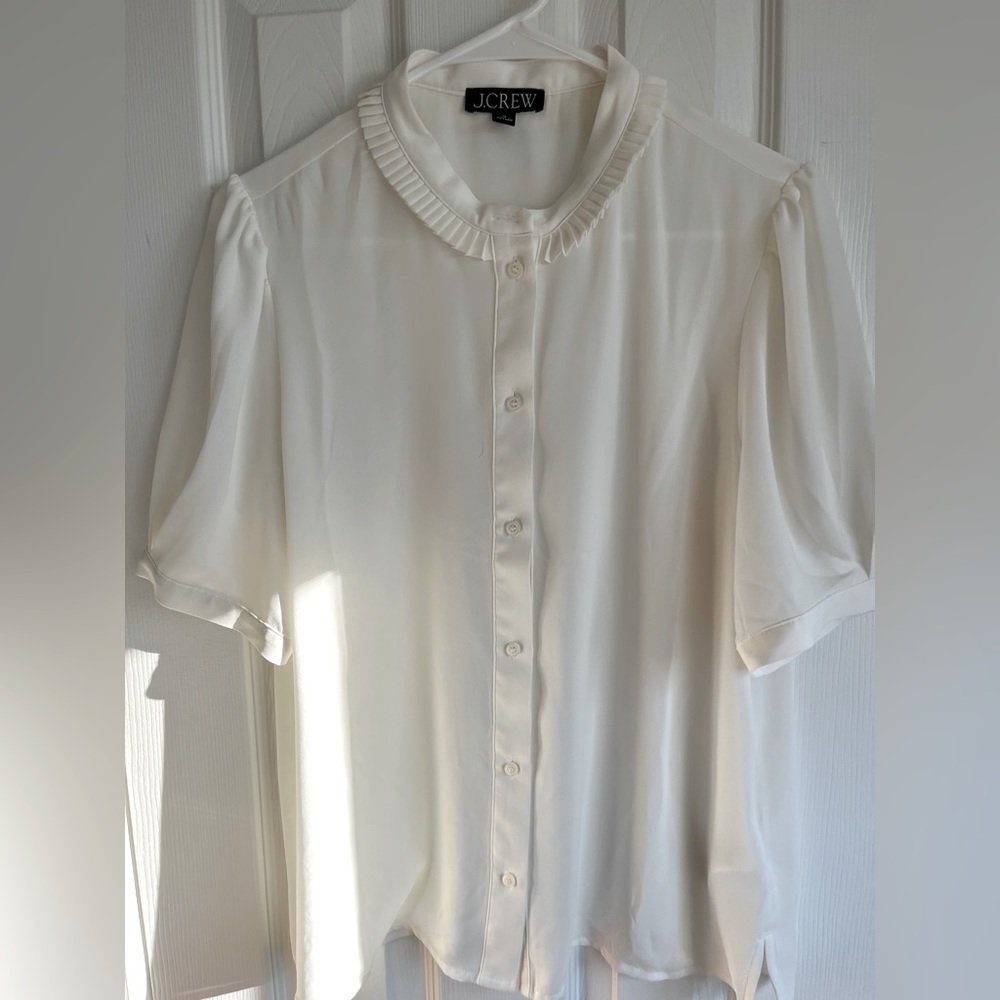 J Crew white ruffle neck blouse